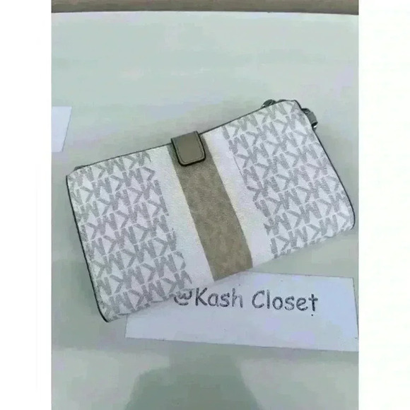 Michael Kors Double Zip Wristlet MK Signature Stripe JetSet Light Sand Multi - Picture 3 of 8